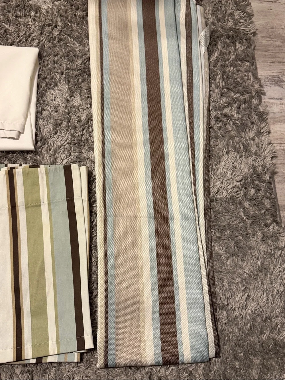 Striped shower Curtain, fabric liner, and valance